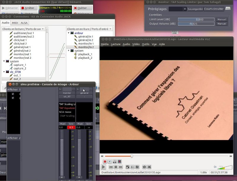 Vue de VLC fonctionnant avec Jack et utilisant Ardour pour régler les effets