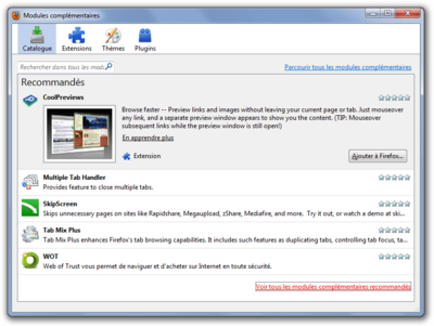 Capture d'écran de la boite de dialogue des extensions Mozilla Firefox sous Windows 7