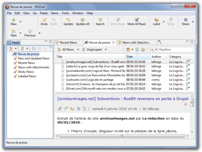 Capture d'écran de RSSOwl sous Windows 7